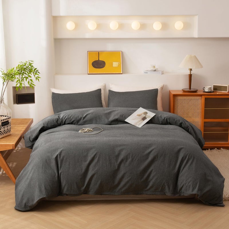 ECOCOTT Grey Duvet Cover King Size, 100% Washed Cotton 1 Duvet Cover with Zipper and 2 Pillowcases, Ultra Soft and Easy Care Breathable Cozy Simple Style Bedding Set (Dark Grey) - Image 1